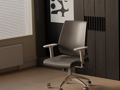 Sleek Gray Office Chair With Armrests Wheels In Modern Interior With Window And Art 3d model