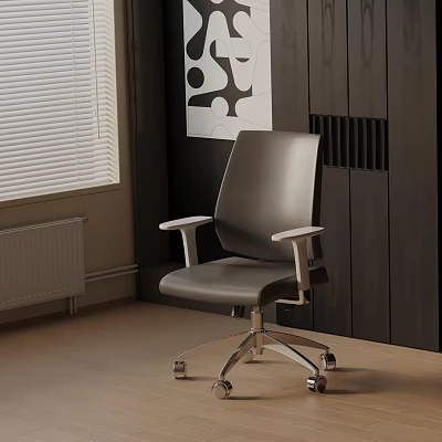 Sleek Gray Office Chair With Armrests Wheels In Modern Interior With Window And Art 3d model