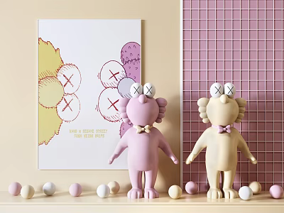 Pink and Beige Dolls with Bow Ties X Eyes Small Balls and Colourful Art Print 3d model