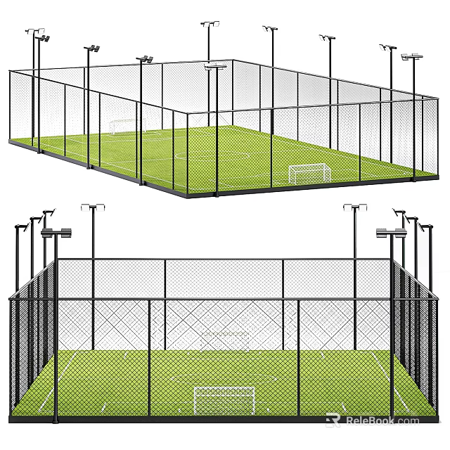 Fenced Football Field with Green Turf Goal Posts and Surrounding Lighting 3d model 