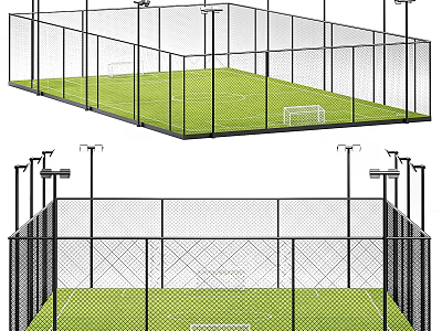 Fenced Football Field with Green Turf Goal Posts and Surrounding Lighting 3d model
