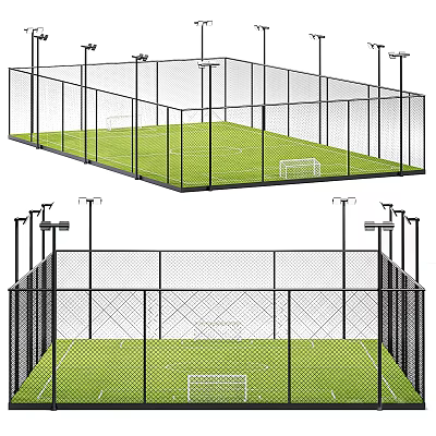 Fenced Football Field with Green Turf Goal Posts and Surrounding Lighting 3d model