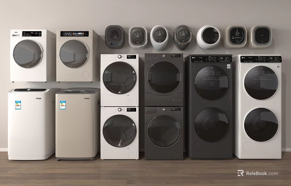Modern Washing Machines In Various Colors With Stackable Design And Control Panels 3d model 