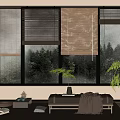 Bamboo Blinds Covering Large Windows With Natural Forest View In Cozy Living Room