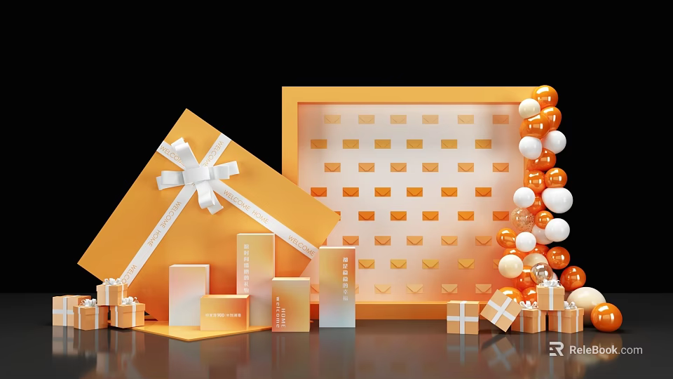 Check in Photo Spot With Orange Gift Boxes White Ribbons Balloon Garland And Grid Decor 3d model 