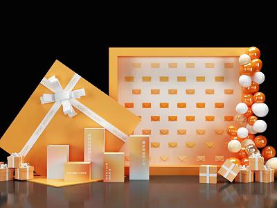Check in Photo Spot With Orange Gift Boxes White Ribbons Balloon Garland And Grid Decor 3d model