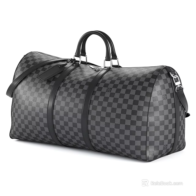 Checkerboard Pattern Travel Bag With Black Gray Design Leather Handles And Metal Hardware 3d model 