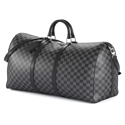 Checkerboard Pattern Travel Bag With Black Gray Design Leather Handles And Metal Hardware 3d model
