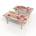 Two Rustic Wooden Coffee Tables With Red And Pink Petal Decorations