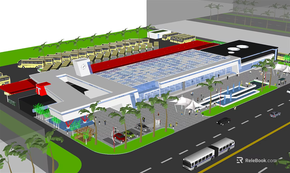 Modern Bus Station Exterior With Glass Roof Palm Trees Buses And Pedestrians 3d model 