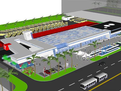 Modern Bus Station Exterior With Glass Roof Palm Trees Buses And Pedestrians 3d model