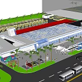 Modern Bus Station Exterior With Glass Roof Palm Trees Buses And Pedestrians