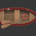 Detailed Wooden Small Boat with Red Interior Seats and Wooden Oars