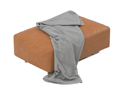 Stylish Brown Leather Ottoman With Soft Gray Plaid Blanket Draped Over 3d model