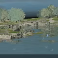Natural Scenery Featuring Blue Sky Green Trees Rocks Grassland and Dandelion Seeds on Water