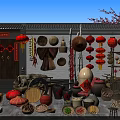 Traditional Household Items Display With Bamboo Crafts Red Lanterns And Earthen Jars