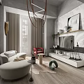 Modern Loft Living Room With Curved Sofa Round Tables And Staircase