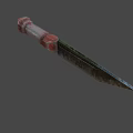 Detailed Combat Weapon With Metal Blade Red Worn Handle And Tactical Design