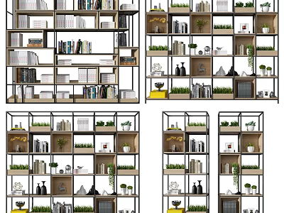 Modern Bookshelf Design With Green Plants And Decorative Items 3d model