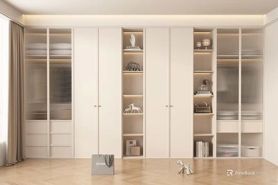 Minimalist Modern White Wardrobe With Glass Doors Shelves Storage Drawers And Decorative Items 3d model 