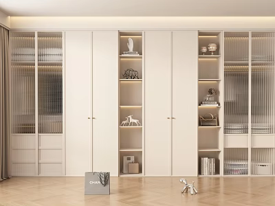 Minimalist Modern White Wardrobe With Glass Doors Shelves Storage Drawers And Decorative Items 3d model