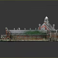 Cartoon Style Grand Building Scene With Red Brick Towers Spires Courtyard Green Lawns And Gate