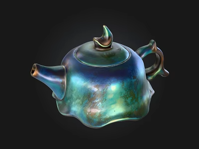 Iridescent Blue Green Ceramic Teapot With Unique Shape And Decorative Handle 3d model