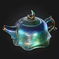Iridescent Blue Green Ceramic Teapot With Unique Shape And Decorative Handle 3d model