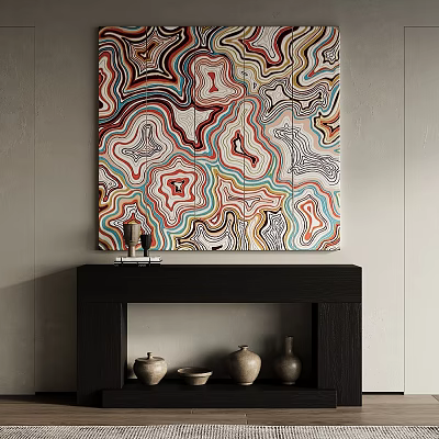 Abstract Colorful Pattern Painting Hanging Above Dark Fireplace With Ceramic Vases 3d model
