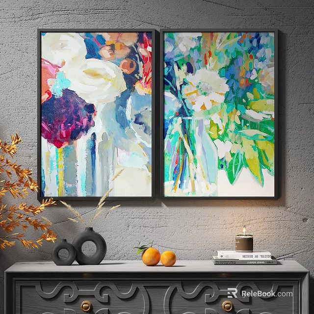 Vibrant Floral Abstract Paintings On Gray Wall With Decorative Table Setting 3d model