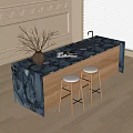 Stylish Bar Counter With Dark Marble Top Wooden Base Sink Vase And Light Stools