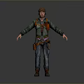 Man in Green Jacket and Brown Hat with Orange Backpack Jeans and Boots