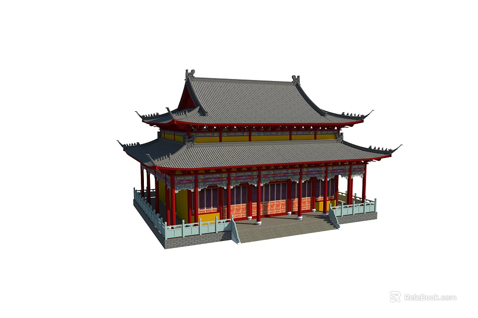 Ancient Chinese Architecture With Traditional Roof Overhanging Eaves And Red Pillars 3d model 