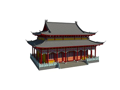 Ancient Chinese Architecture With Traditional Roof Overhanging Eaves And Red Pillars 3d model