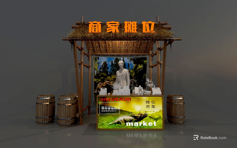 Traditional Vendor Booth With Thatched Roof Wooden Barrels And Market 3d model 
