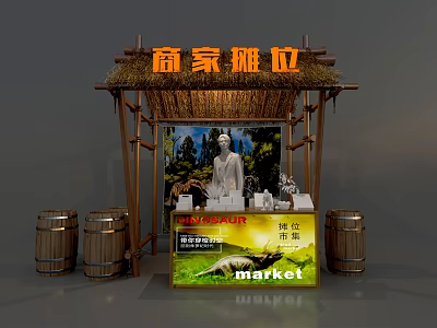 Traditional Vendor Booth With Thatched Roof Wooden Barrels And Market 3d model