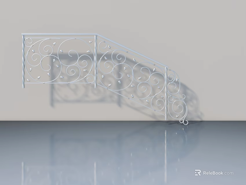 White Wrought Iron Swing Door With Curly Patterns On Gray Floor Reflection 3d model