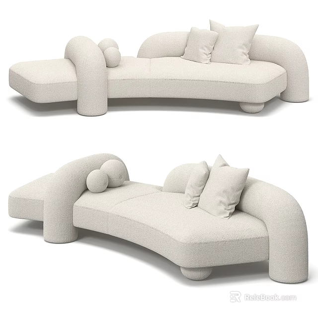 Modern Beige Sectional Sofa With Curved Design And Upholstered Fabric Cushions 3d model 