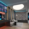 Modern Luxury Home Theater Room With Gray Sofa Round Ceiling Light And Blue Ambient Lighting