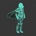 Female Character Standing In Dark Tight Suit With Red Accents And Black Cape