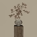 Gray Vase With Brown Leaves On Wooden Cube Base Against Light Wall With Sunlight Shadows