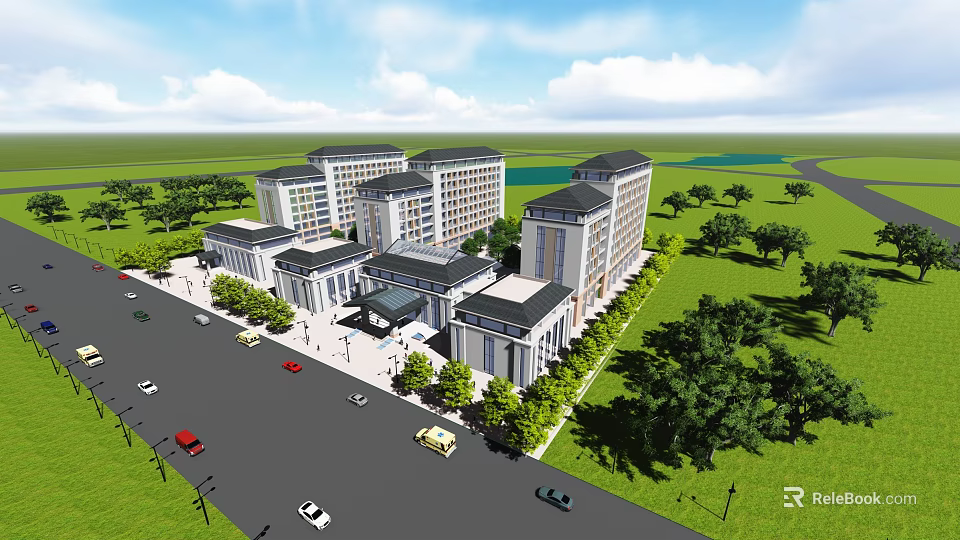 Modern Campus Architectural Complex With Green Lawns Trees Road Parking Cars In Open Area 3d model 