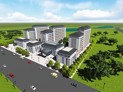 Modern Campus Architectural Complex With Green Lawns Trees Road Parking Cars In Open Area 3d model