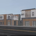 Modern Traditional Commercial Street Architecture With Outdoor Seating Trees And Parked Cars