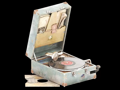 Vintage Musical Instrument Record Player With Open Case And Vinyl Disc 3d model