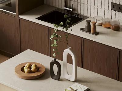 Minimalist Modern Kitchen Countertop With Wooden Cabinets Spice Jars Fruit Plate And Sink 3d model