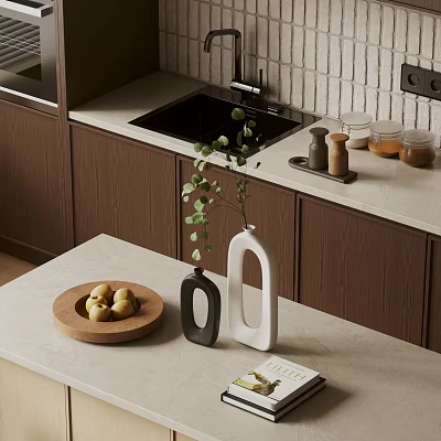 Minimalist Modern Kitchen Countertop With Wooden Cabinets Spice Jars Fruit Plate And Sink 3d model