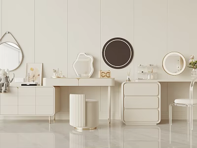 Modern Dressing Table Interior With Multiple Round Mirrors Drawers And Decorative Stool Accessories 3d model