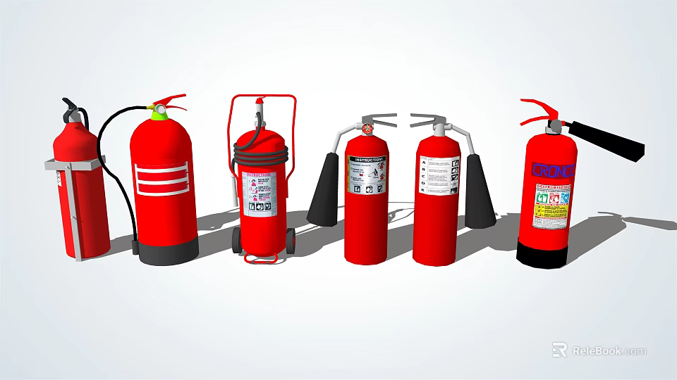 Different Types Of Red Fire Extinguishers Including Portable And Wheeled Safety Equipment 3d model 