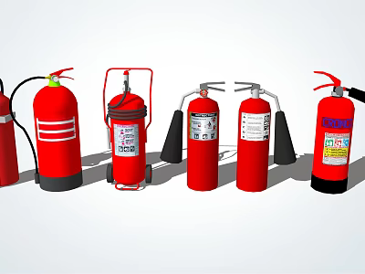 Different Types Of Red Fire Extinguishers Including Portable And Wheeled Safety Equipment 3d model